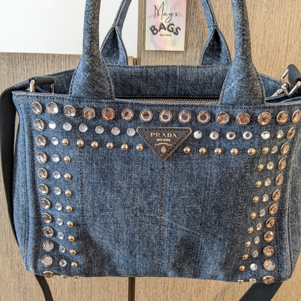 Prada: Denim Rhinestone Bijoux Canapa Crossbody Tote Bag ๐ - Picture 10 of 17